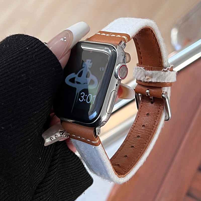 For Apple Watch Series 9 / 8 / 7 41mm / 6 / 5 / 4 / SE / SE (2020) / SE (2023) 40mm / 3 / 2 / 1 38mm Watch Strap Woolen Fabric+PU Band - White For Apple Watch Series 9 / 8 / 7 41mm / 6 / 5 / 4 / SE / SE (2020) / SE (2023) 40mm / 3 / 2 / 1 38mm Watch Strap Woolen Fabric+PU Band - White